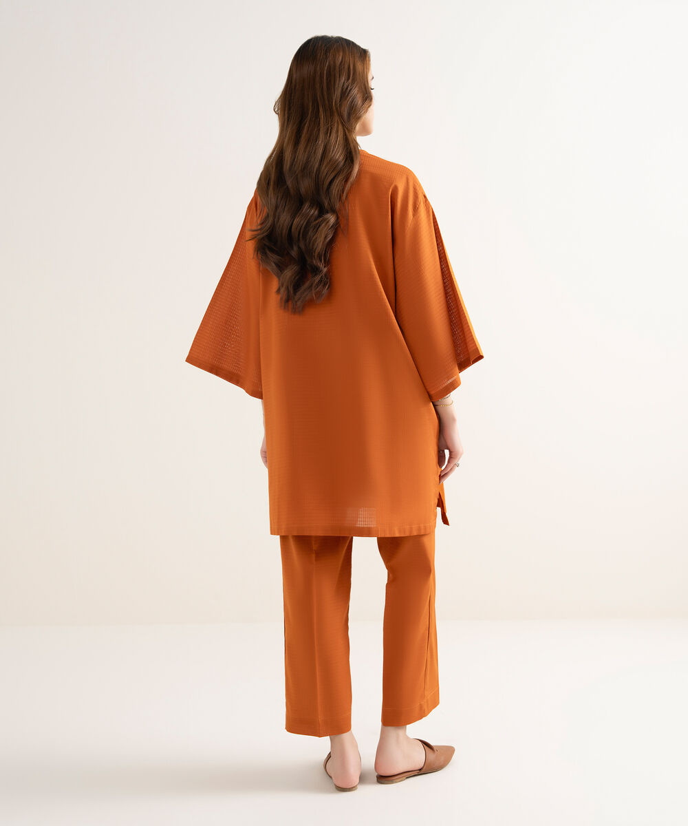 Women's RTW Handwoven Dobby Solid Boxy Orange Shirt