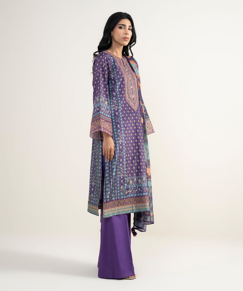 Women's Unstitched Blended Grip Silk Embroidered Purple 3 Piece Suit