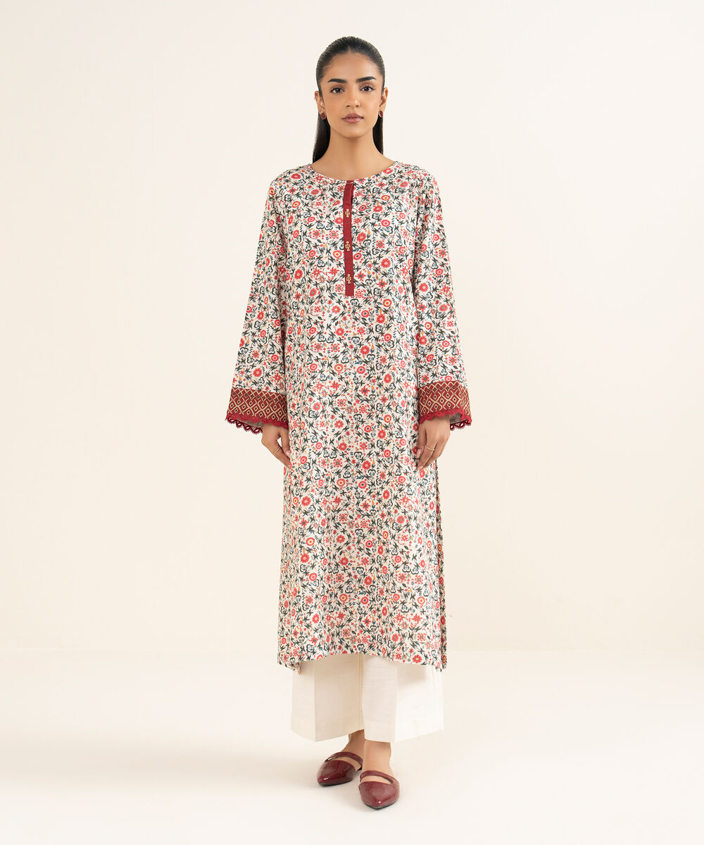 Women's RTW Cotton Printed Off White A-Line Shirt