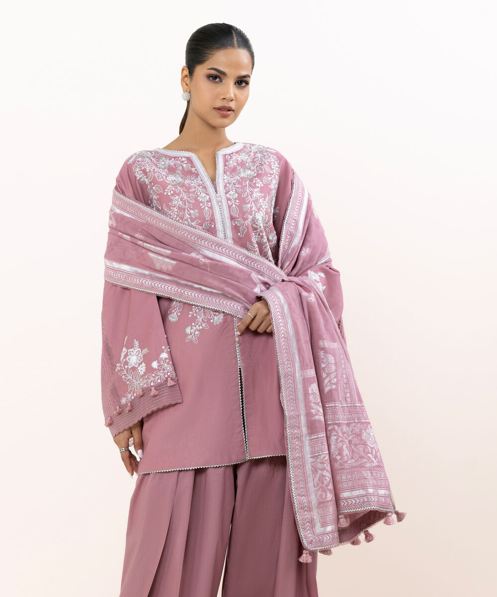 Women's Unstitched Light Cotton Satin Dyed Three Piece Suit