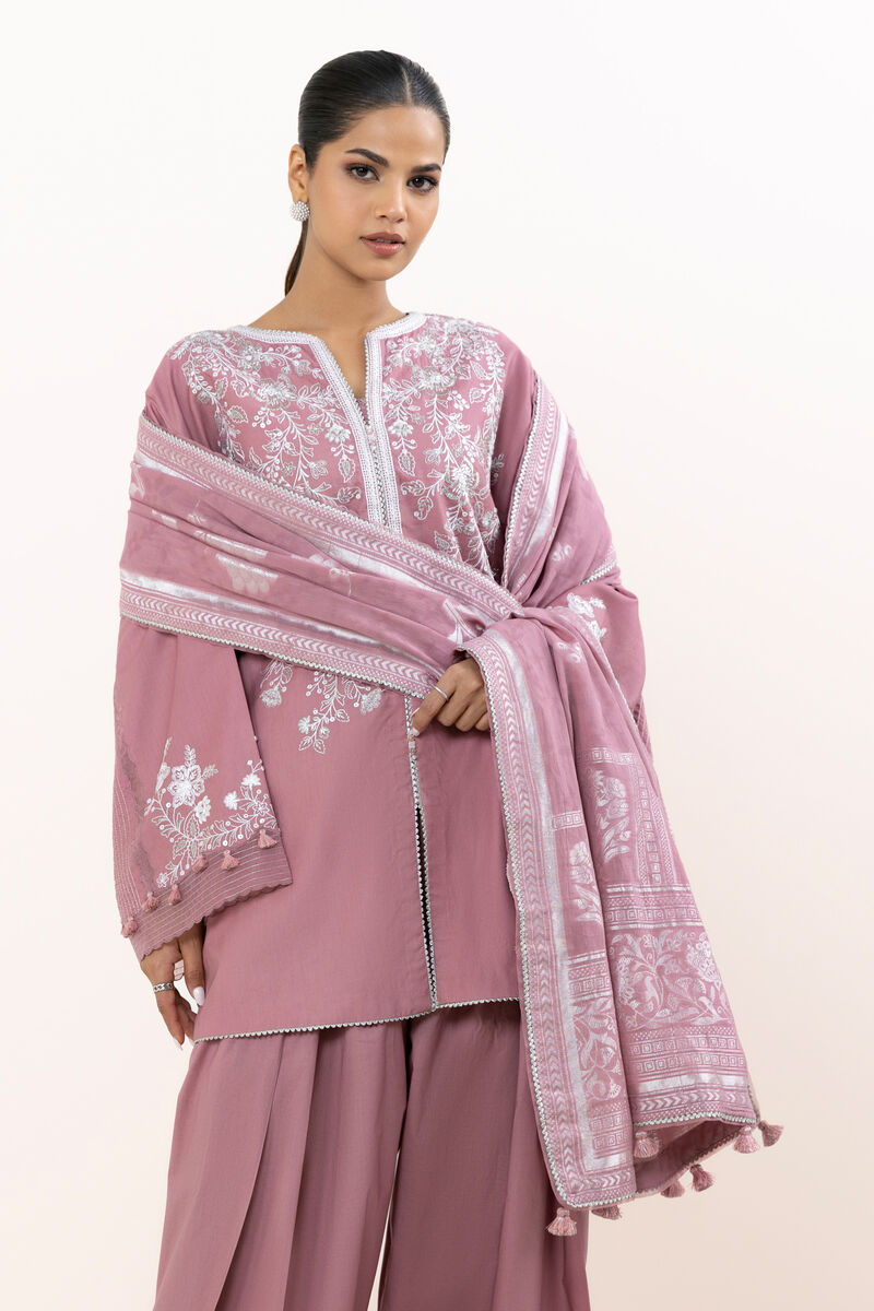 3 Piece - Embroidered Cotton Satin Suit