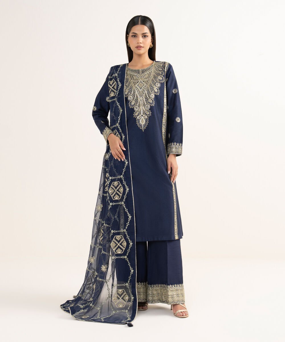 Women's RTW Silk Cotton Net Blue Embroidered 3 Piece Suit