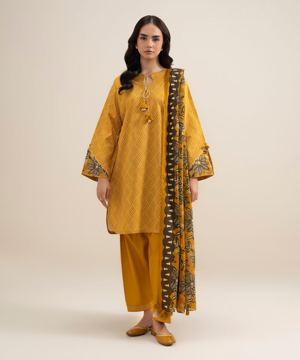 Women's Unstitched Lawn Printed Mustard 3 Piece Suit