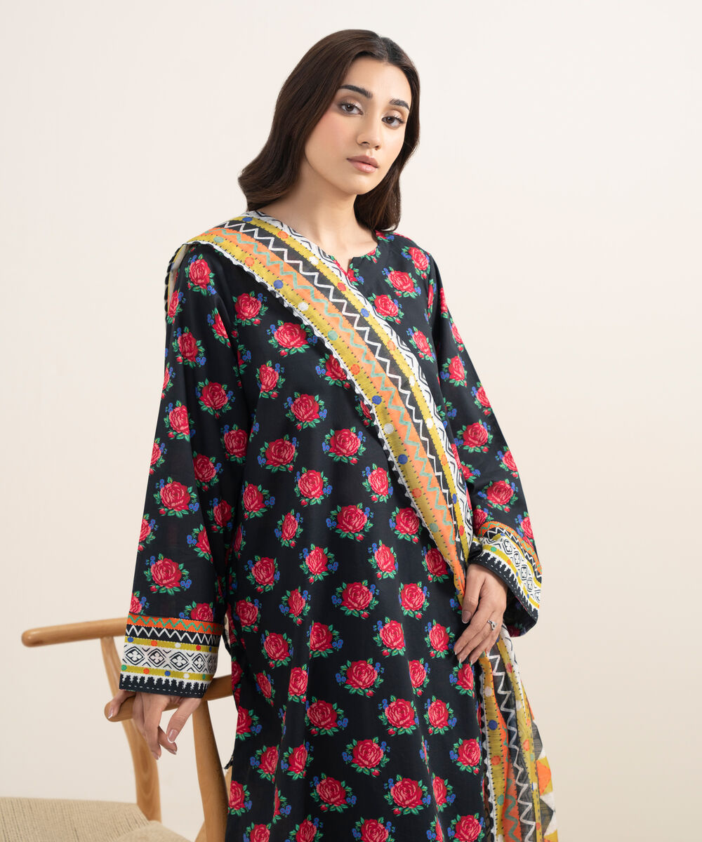 Women's RTW Slub Lawn Printed Off White 2 Piece Suit