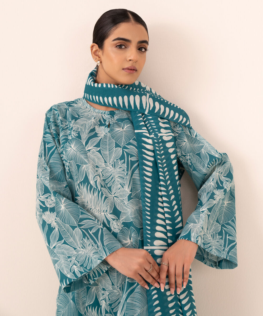 Women's Unstitched Cotton Printed Blue Three Piece Suit