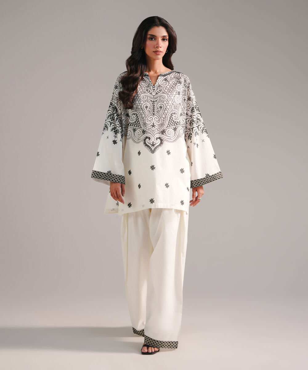 Women's RTW Lawn Printed Off White Drop Shoulder Shirt