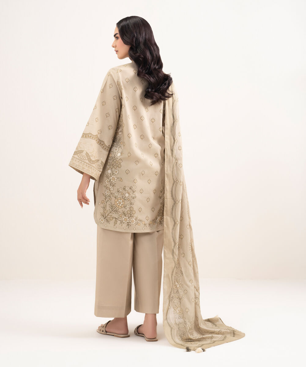 Women's Unstitched Lawn Printed Beige 3 Piece Suit