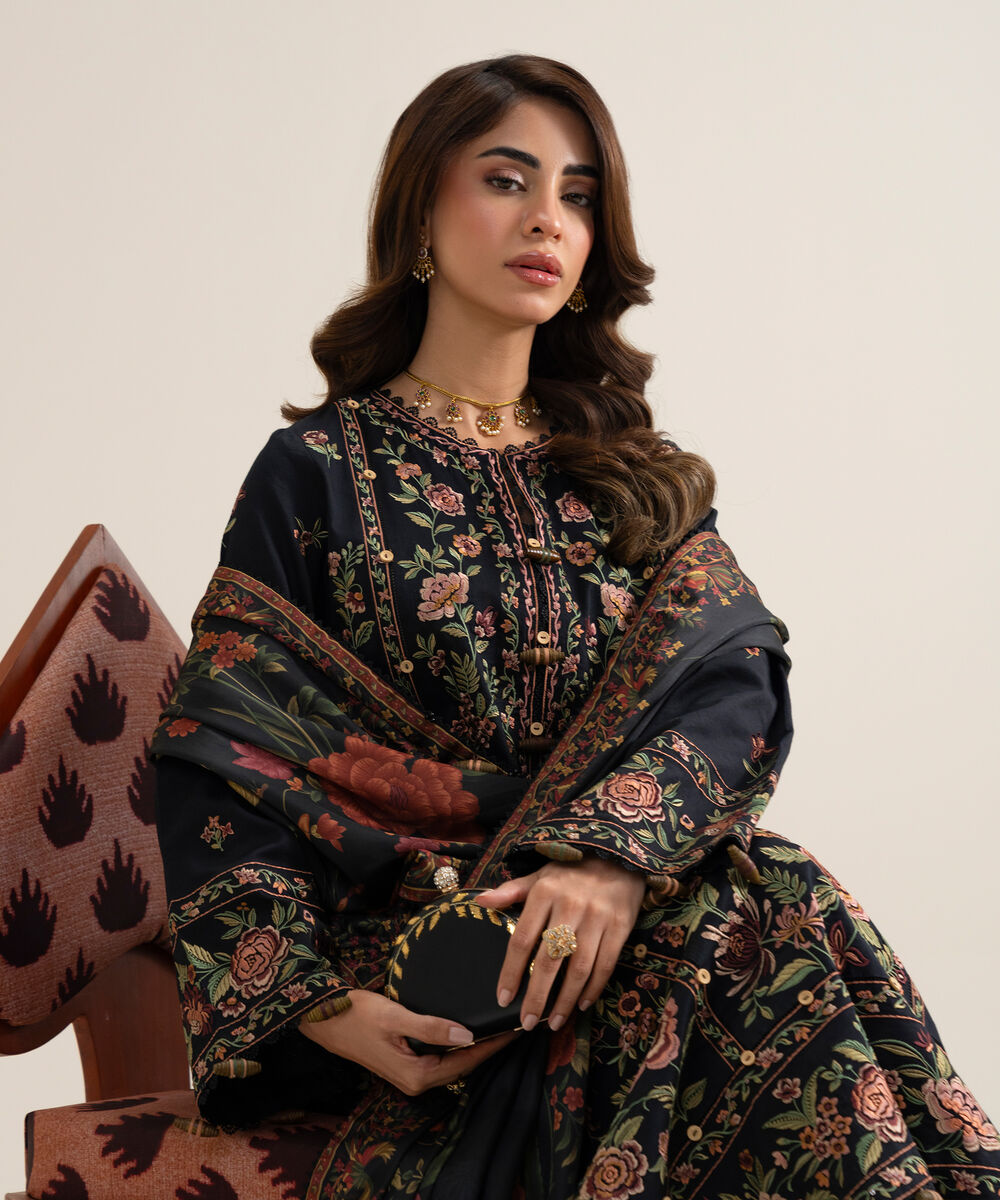 Women's Unstitched Fine Cotton Satin Embroidered Black 3 Piece Suit
