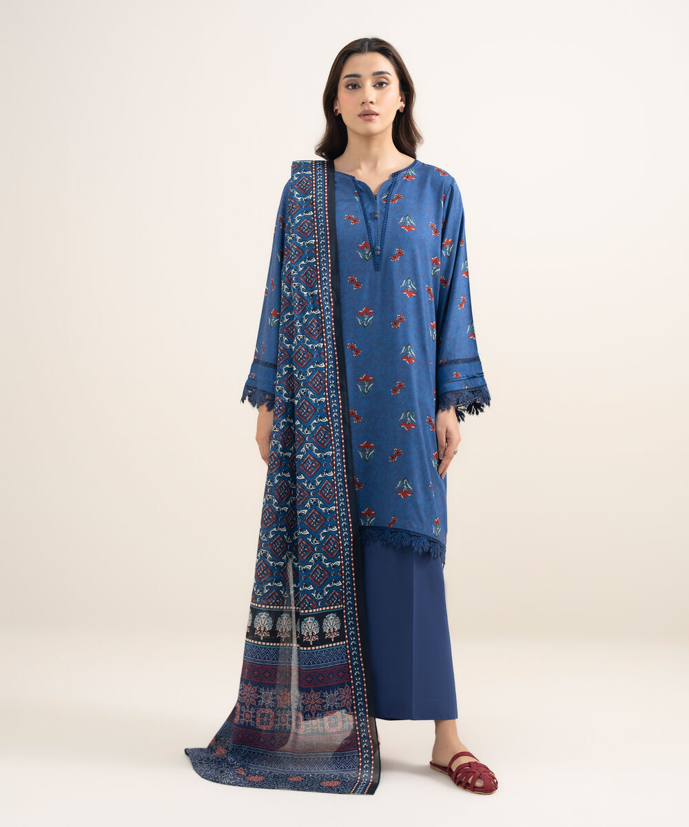 Women's RTW Arabic Lawn Printed Dark Blue Straight Shirt