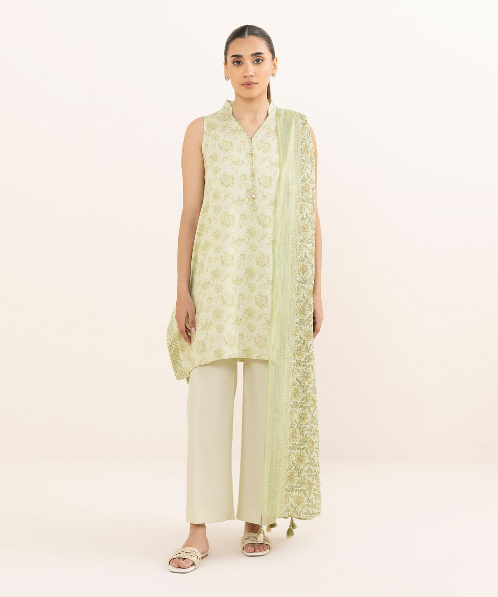 Women's Unstitched Lawn Printed Off White Three Piece Suit