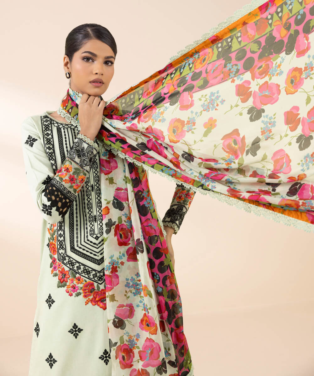 Woman - Multi 3 Piece - Embroidered Cotton Satin Suit