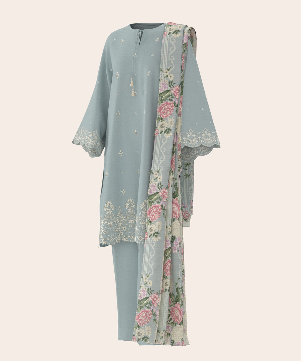 Women's Unstitched Self Jacquard Blue Embroidered 3 Piece Suit
