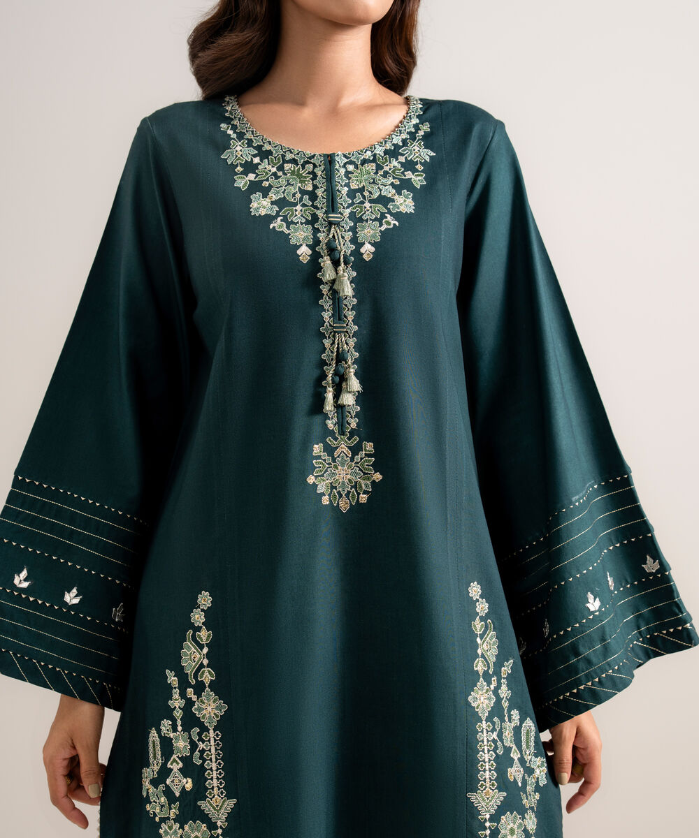Women's Unstitched Embroidered Linen Teal Green 3 Piece Suit