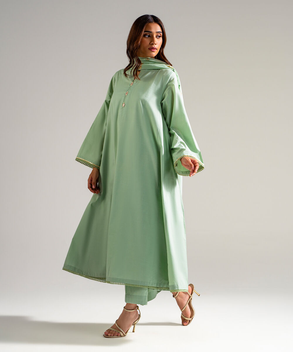 Women's RTW Slub Lawn Solid Green 3 Piece Suit