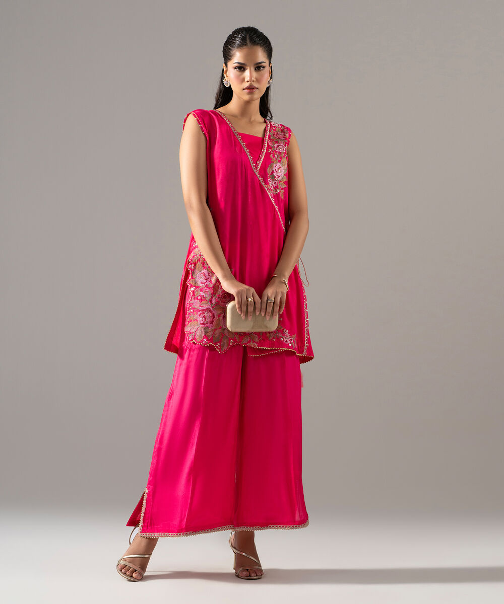 Women's RTW Thai Silk Solid Embroidered Pink 2 Piece Suit