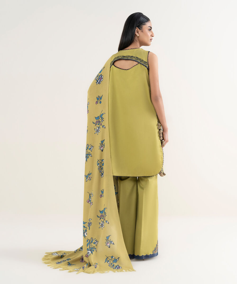 Women's Unstitched Embroidered Fine Cotton Satin Apple Green 3 Piece Suit