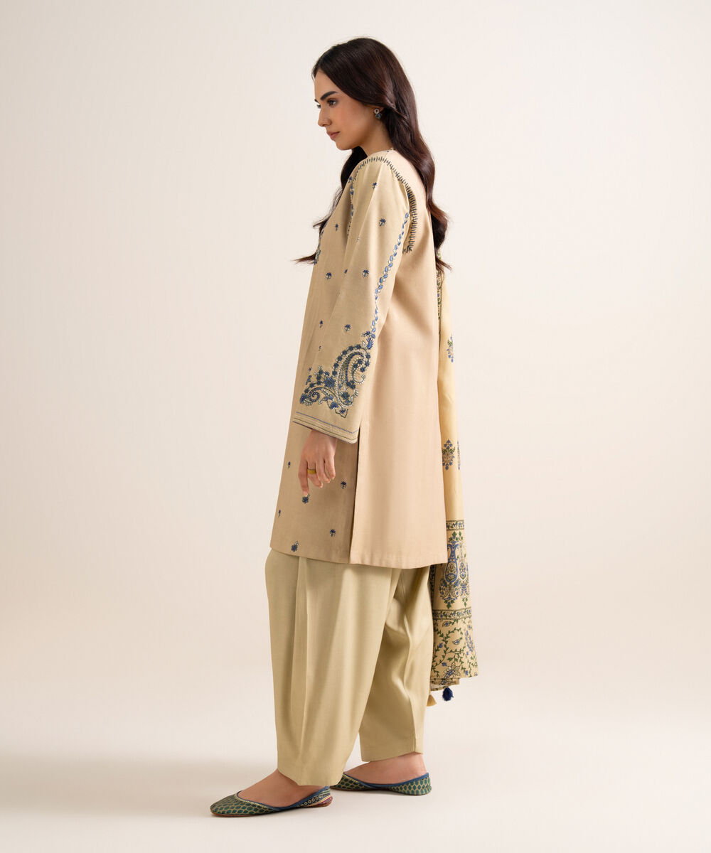Women's Unstitched Embroidered Linen Offwhite 3 Piece Suit