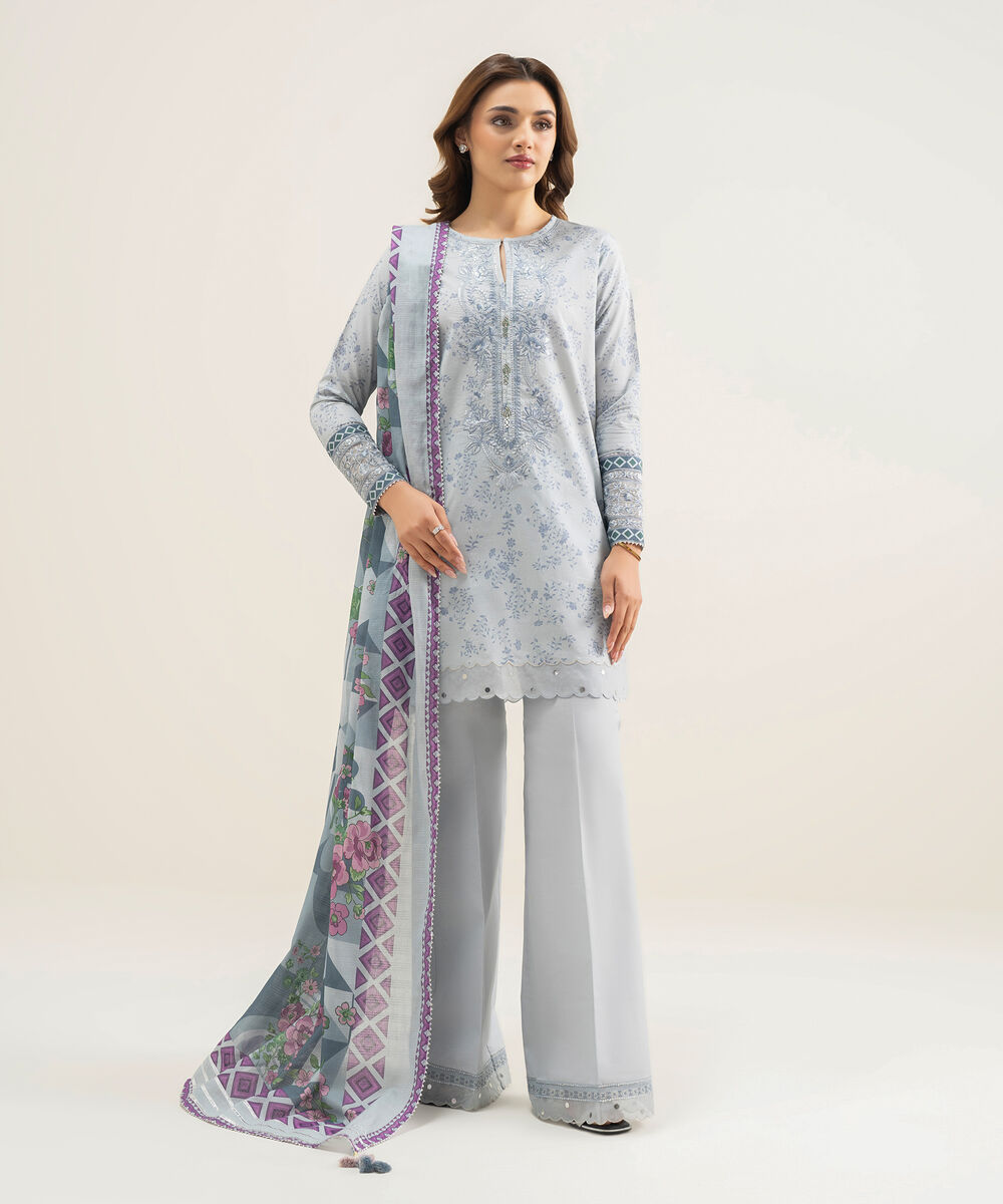 Women's Unstitched Lawn Grey Embroidered 3 Piece Suit