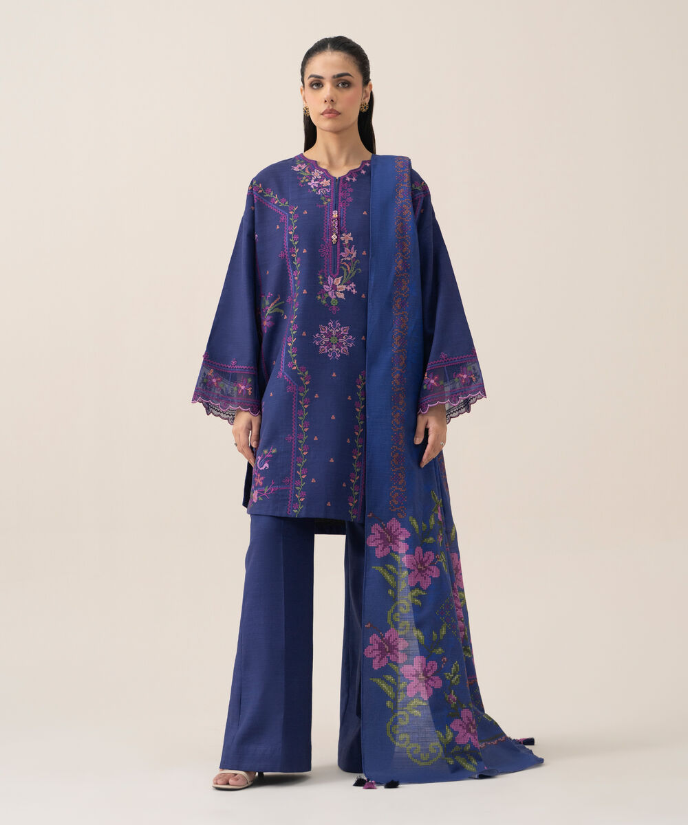 Women's Unstitched Lawn Embroidered Blue 3 Piece Suit