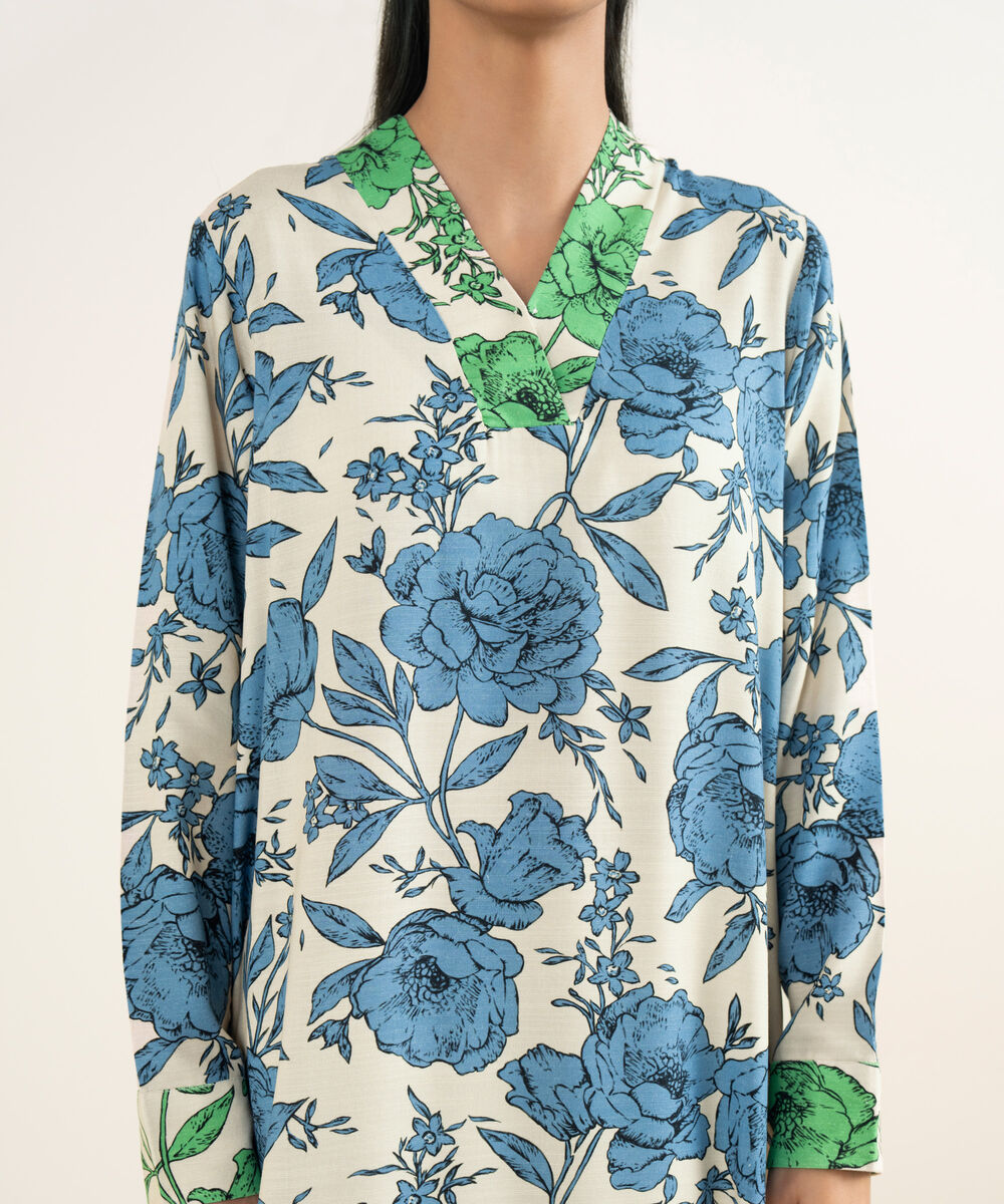 Women's RTW Herringbone Printed Blue Straight Shirt