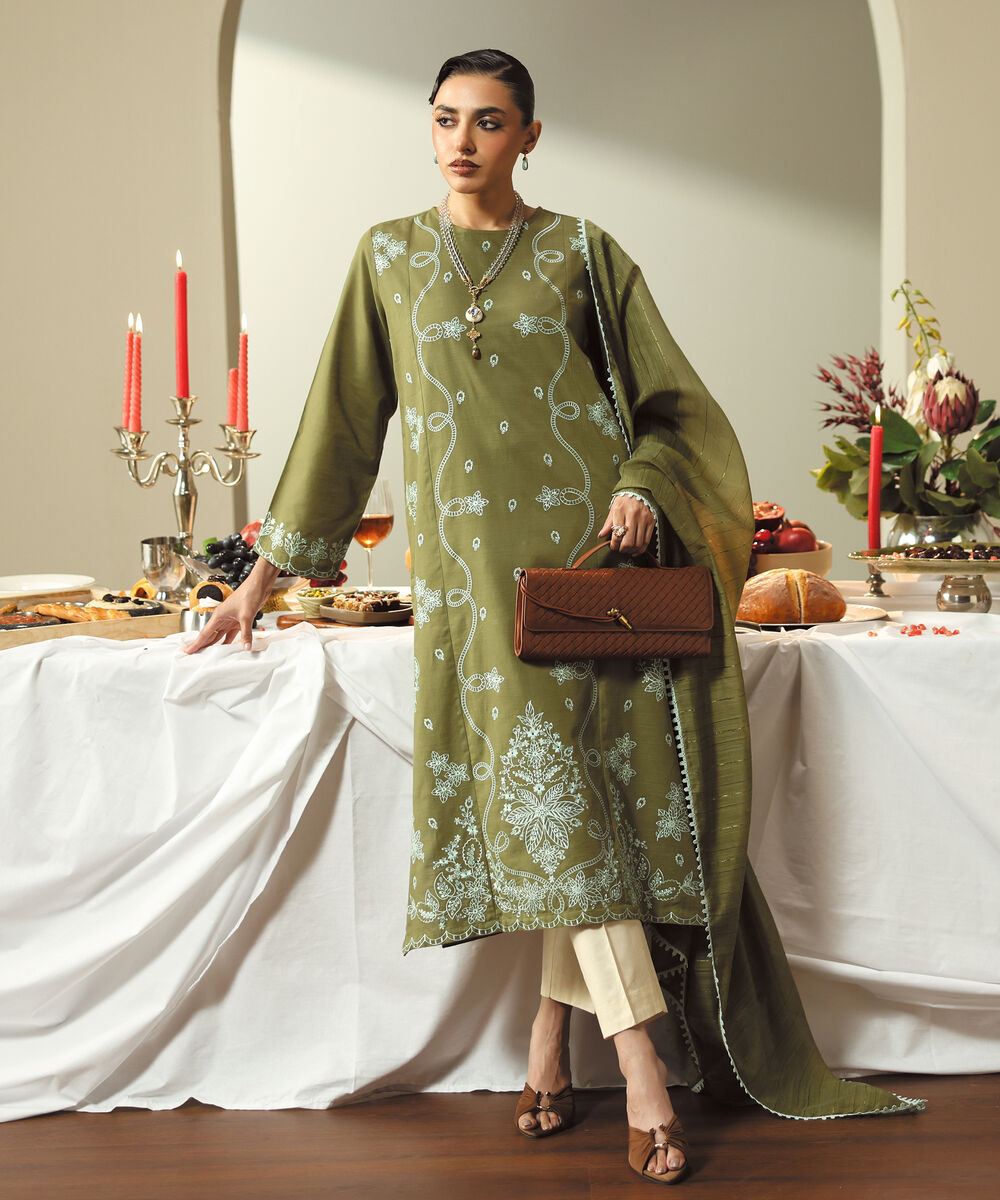 Women's RTW Light Khaddar Embroidered Green A-Line Shirt