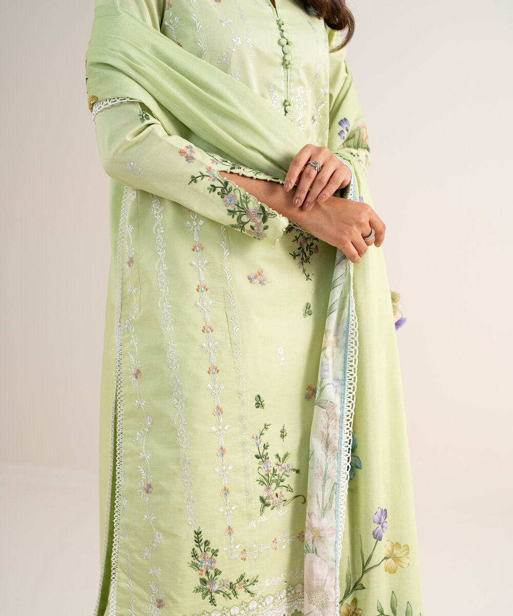 Women's Unstitched Fine Cotton Satin Embroidered Green