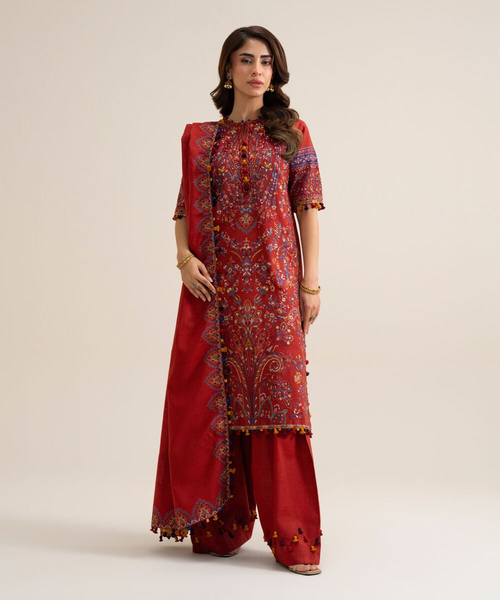 Women's Unstitched Basic Khaddar Embroidered Burnt Orange 3 Piece Suit