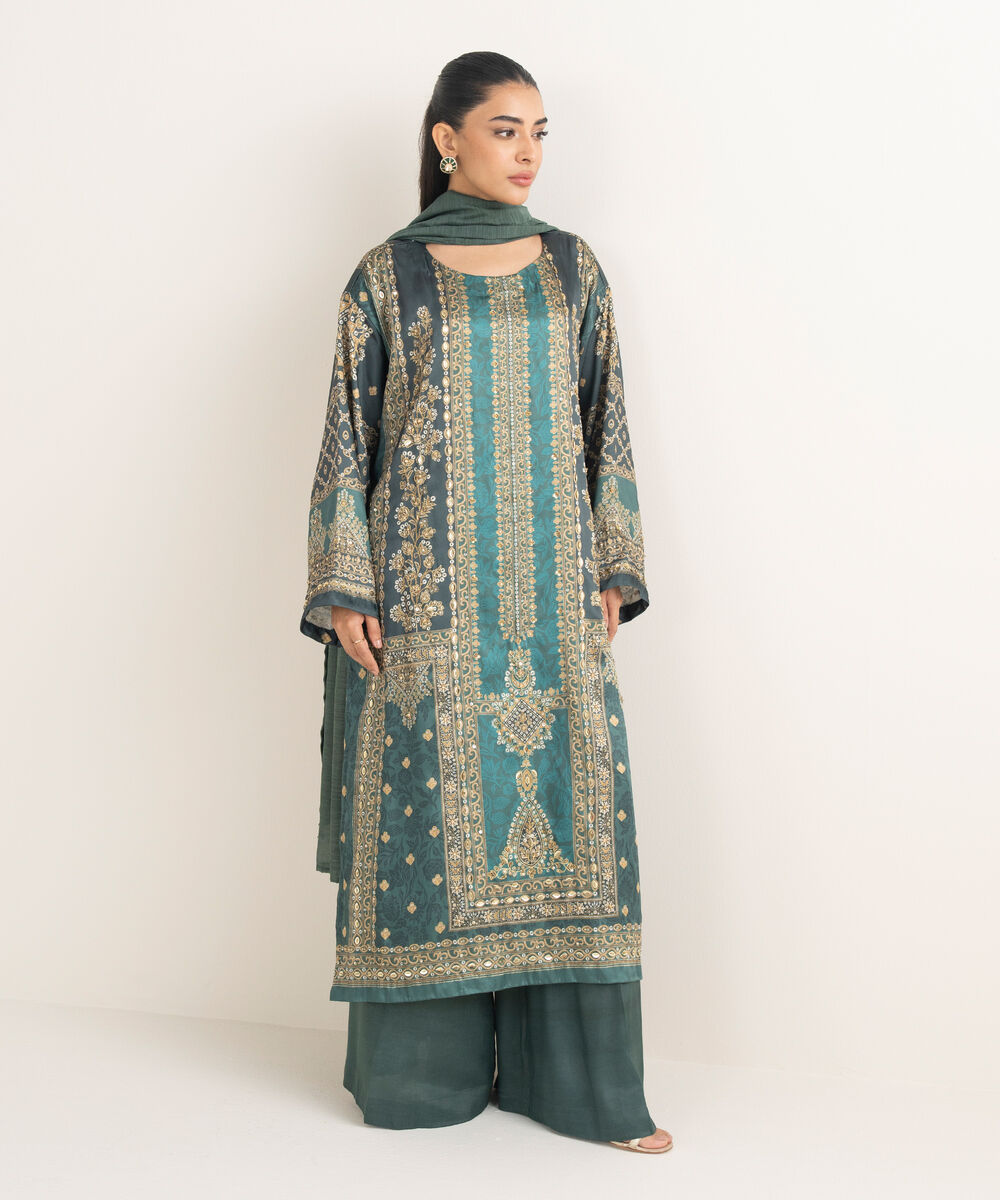 Women's RTW Blended Satin Embroidered Green 3 Piece Suit