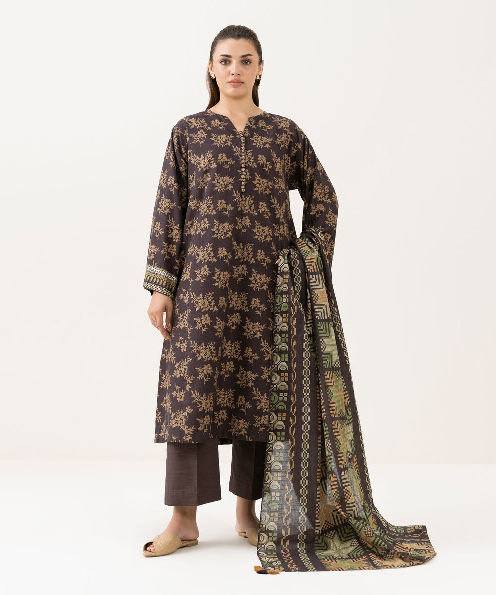 Women's Unstitched Light Khaddar Printed Brown 3 Piece Suit