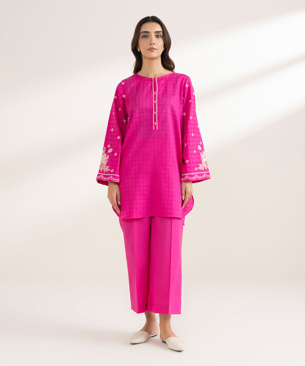 Women's RTW Textured Cotton Embroidered Straight Pink Shirt