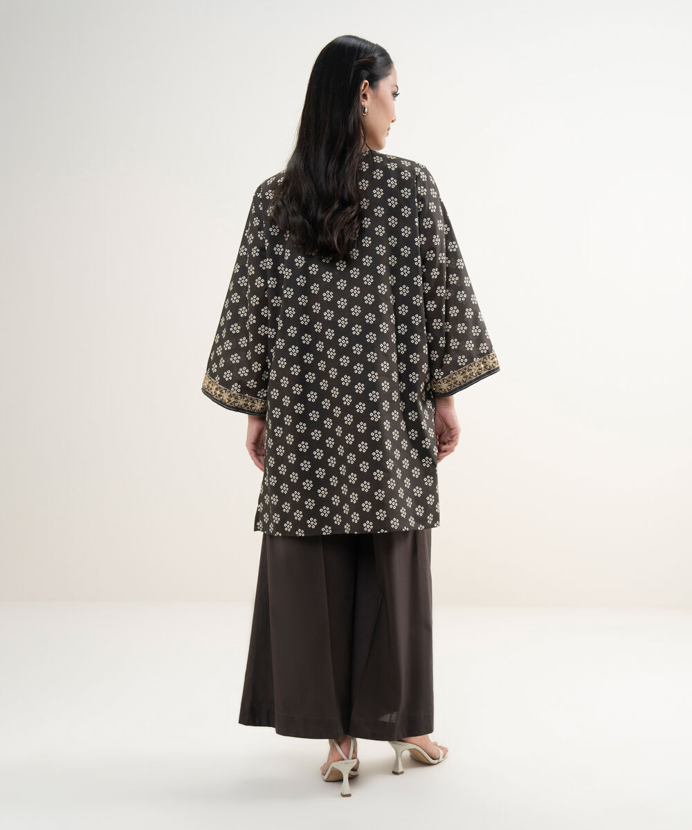 Women's RTW Slub Lawn Embroidered Dark Brown Straight Shirt