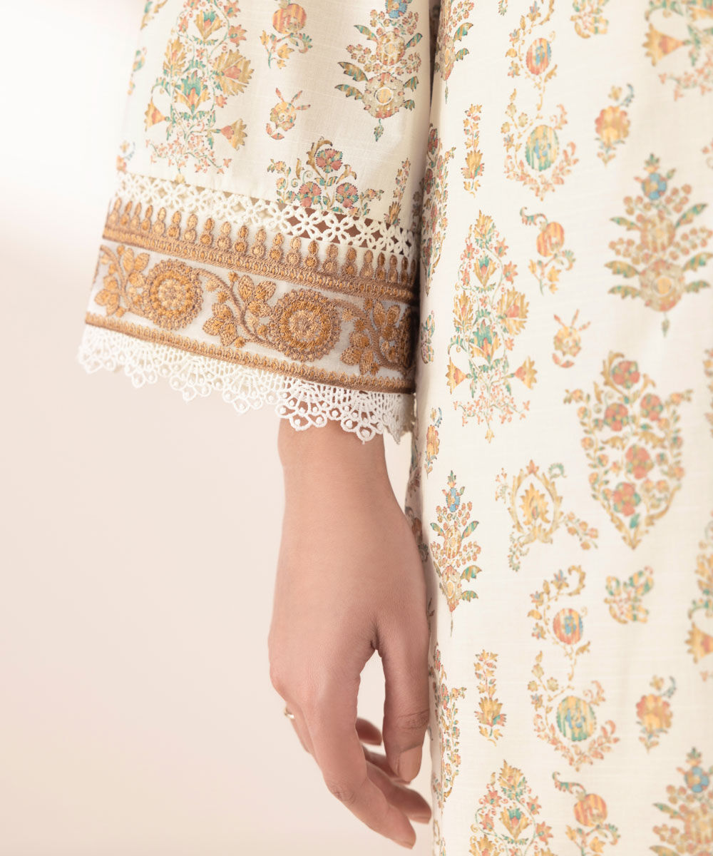 Women's RTW Textured Lawn Beige Embroidered A-Line Shirt