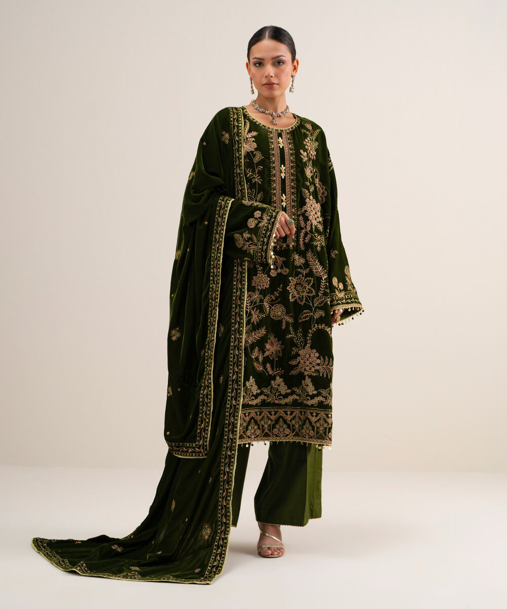 Women's Unstitched Embroidered Velvet Black 3 Piece Suit