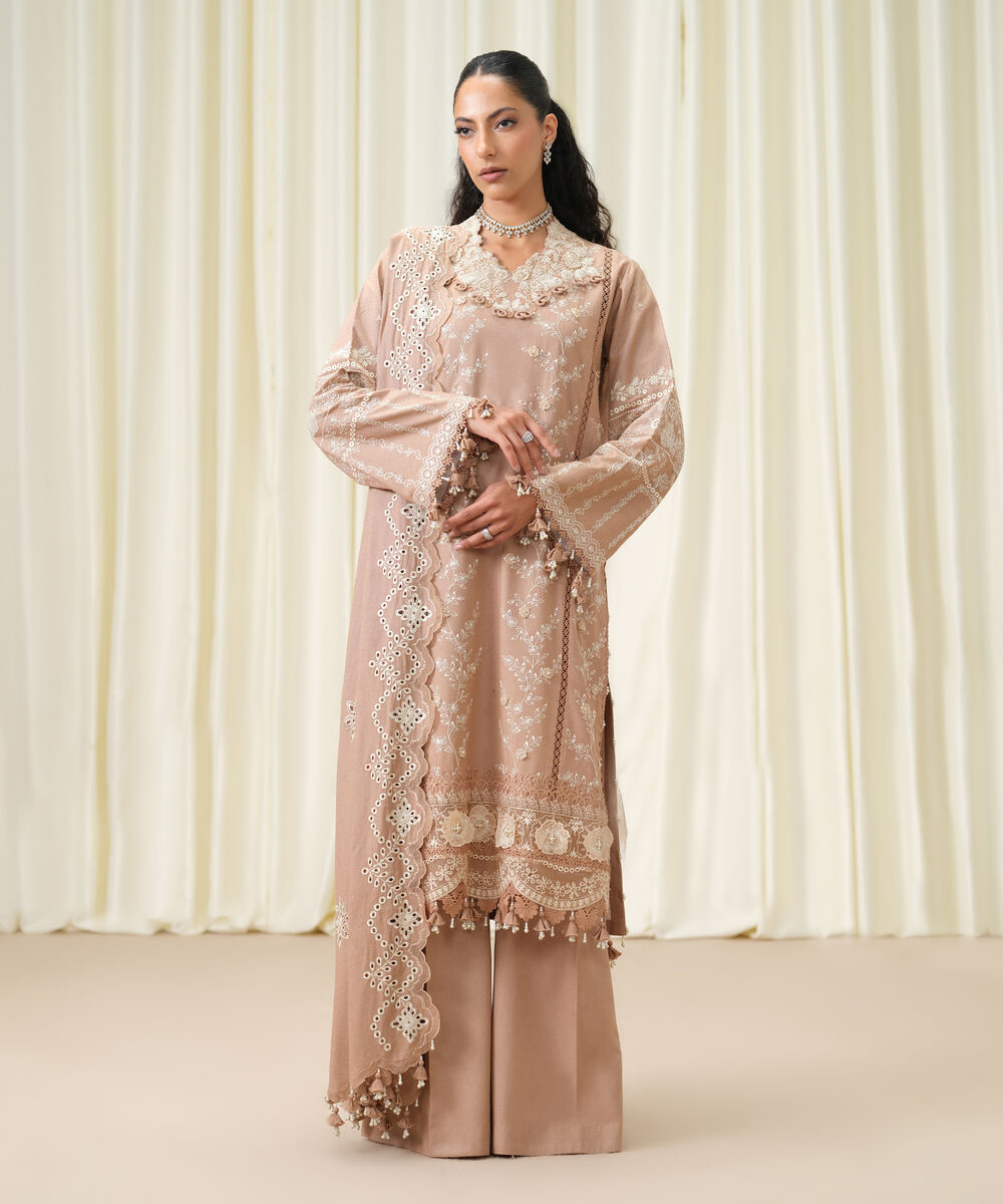 Women's Unstitched Embroidered Linen coral Pink 3 Piece Suit