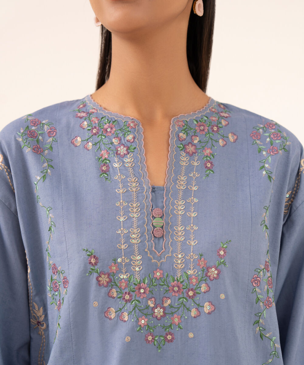 Women's Unstitched Cotton Viscose Embroidered Blue 3 Piece Suit
