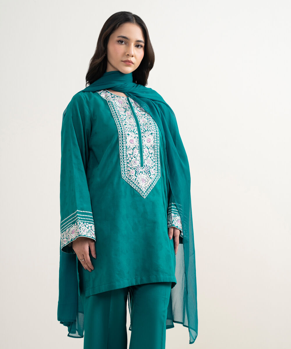 Women's RTW Self Jacquard Embroidered Teal 3 Piece Suit