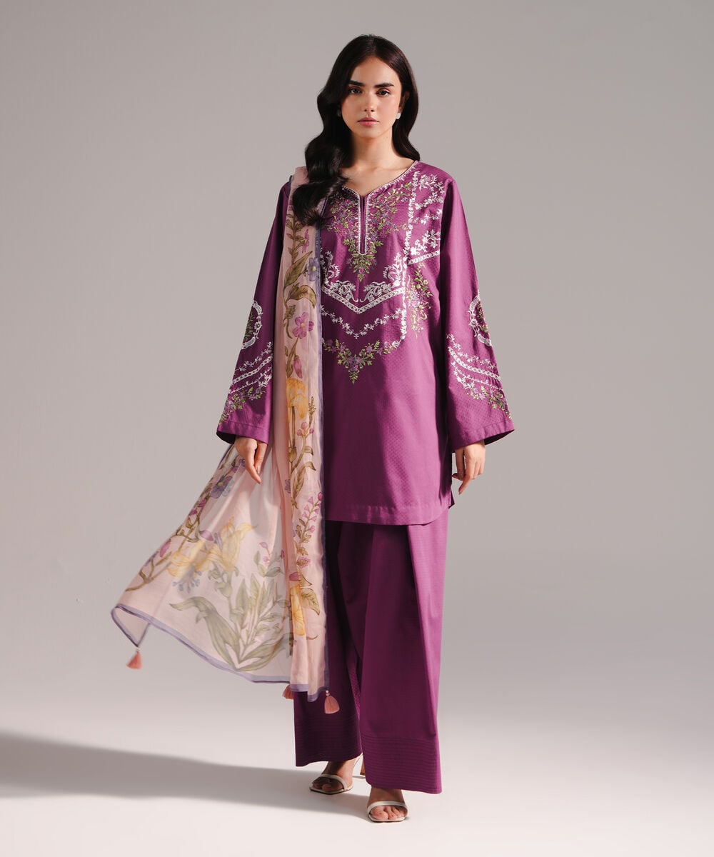 Women's RTW Dobby Embroidered Purple 3 Piece Suit