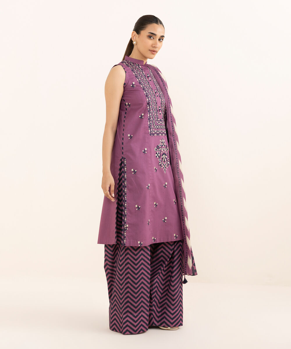 Women's Unstitched Dobby Embroidered Purple 3 Piece Suit