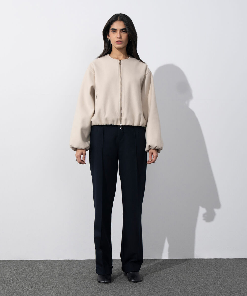 Women's Western Wear Beige Zip-Up Puffed Jacket