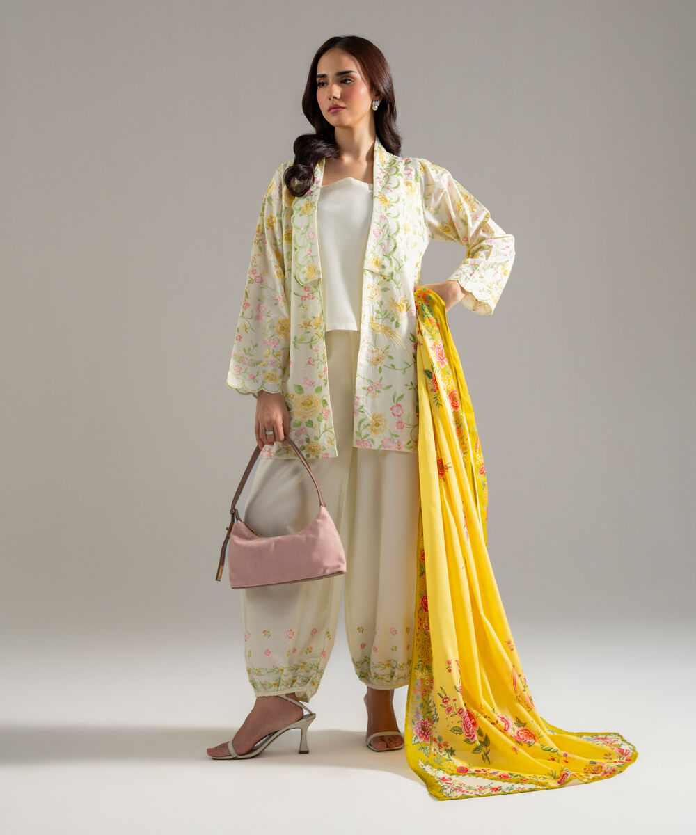 Women's RTW Cambric Solid Embroidered Off White 3 Piece Suit