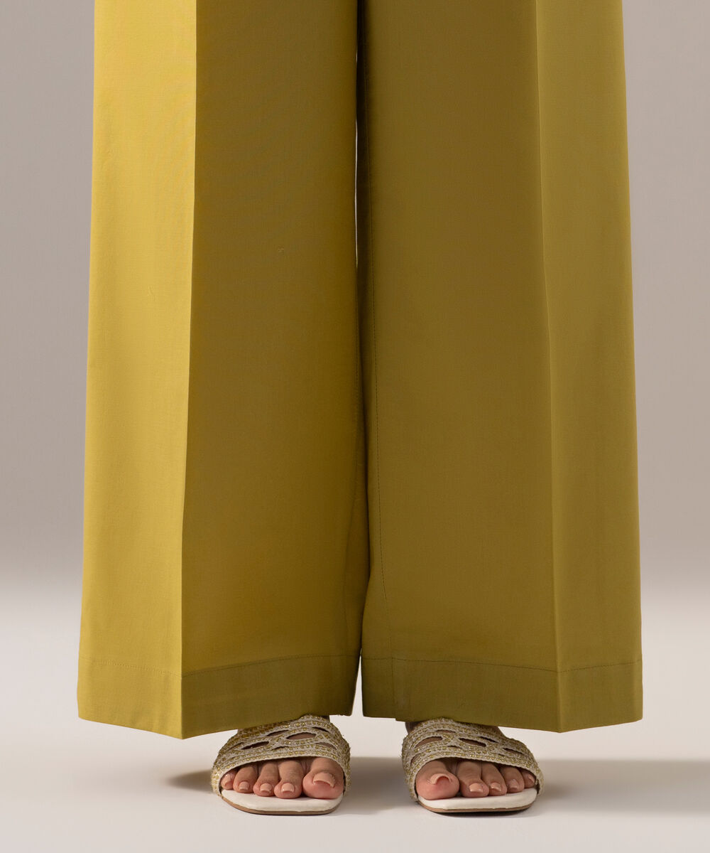 Women's RTW Cambric Solid Muted Yellow Flared Pants