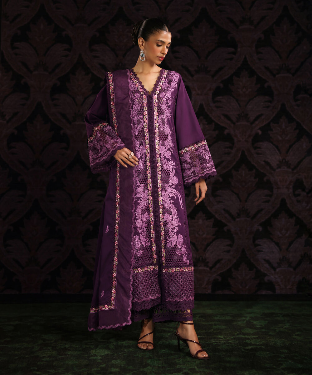 Women's RTW Self Jacquard Solid Embroidered Purple 3 Piece Suit