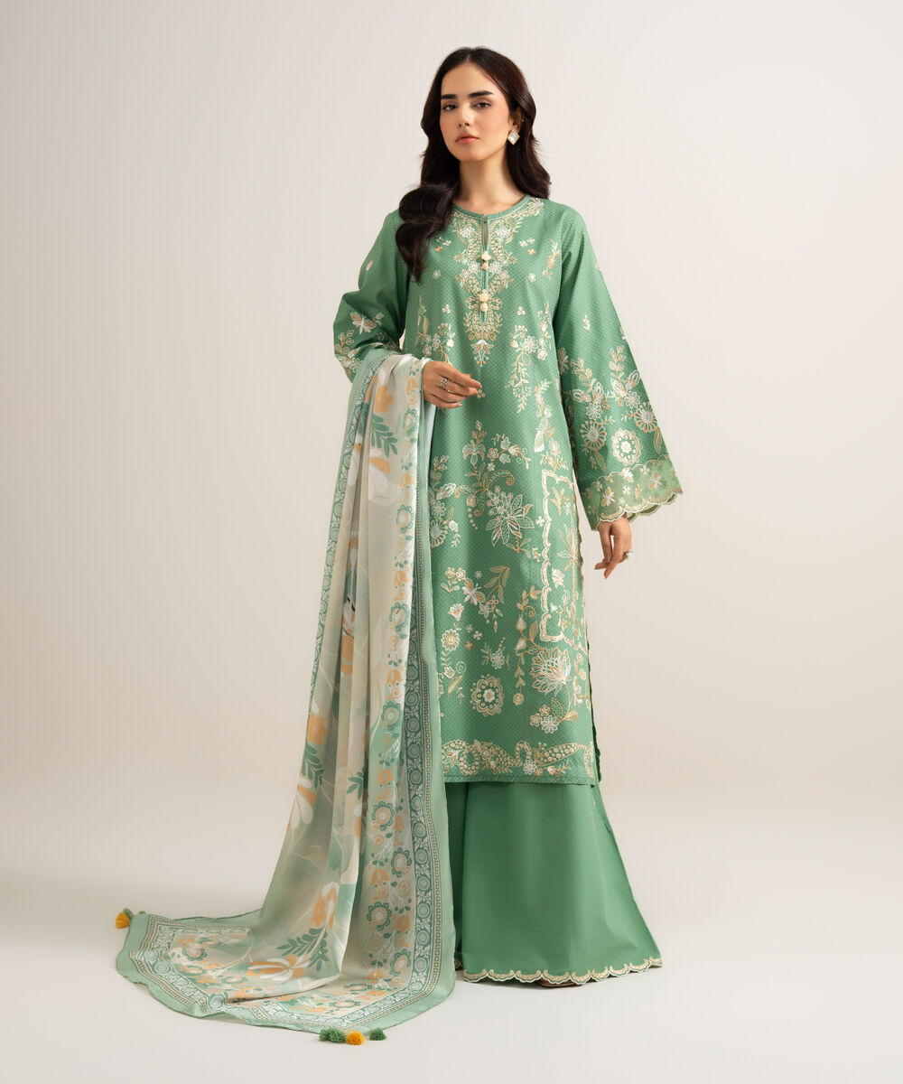 Women's Unstitched Self Jacquard Embroidered Green 3 Piece Suit