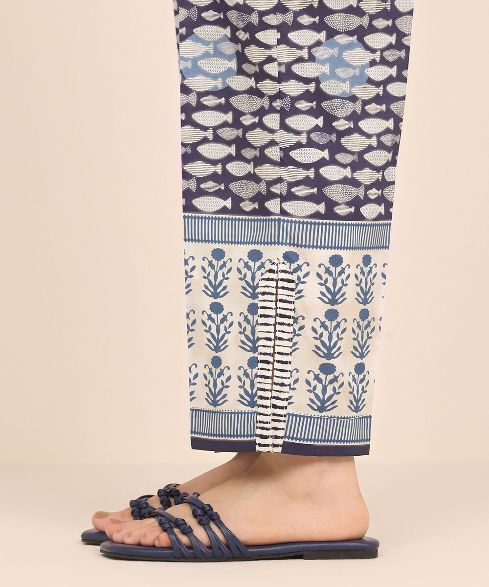 Women's RTW Cambric Blue Printed Straight Pants