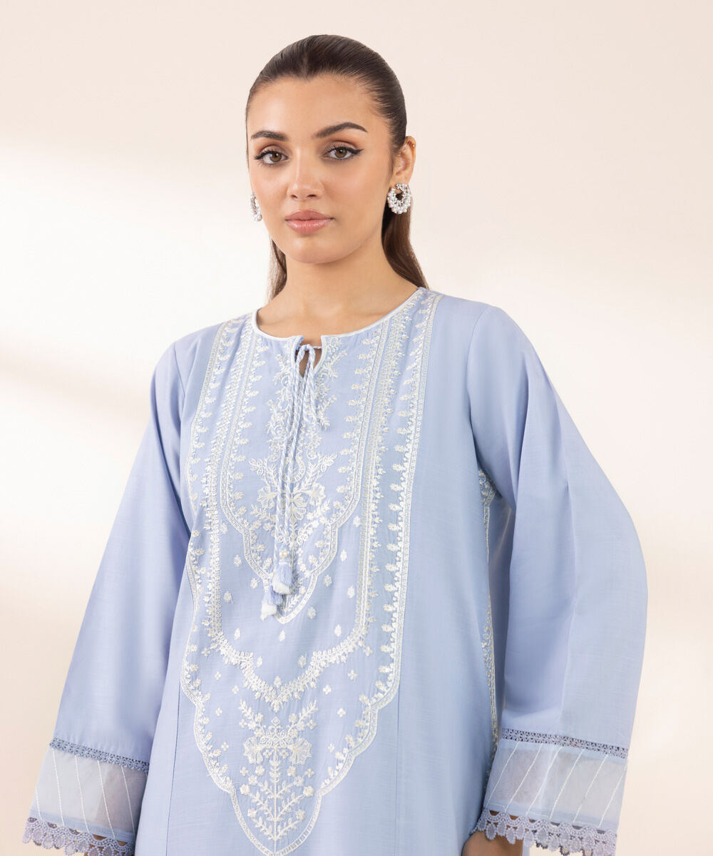 Women's RTW Raw Silk Blue Embroidered A-Line Shirt