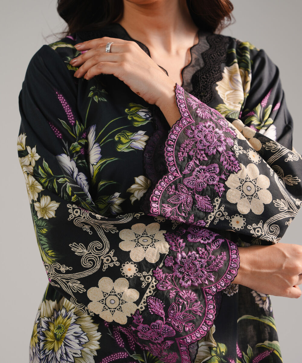 Women's RTW Lawn Embroidered Black Straight Shirt