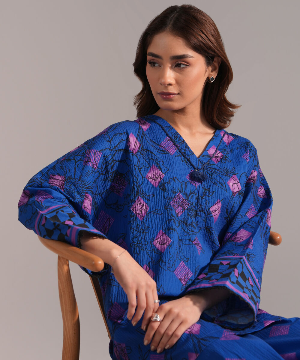 Women's RTW Seersucker Printed Dark Blue Drop Shoulder Shirt