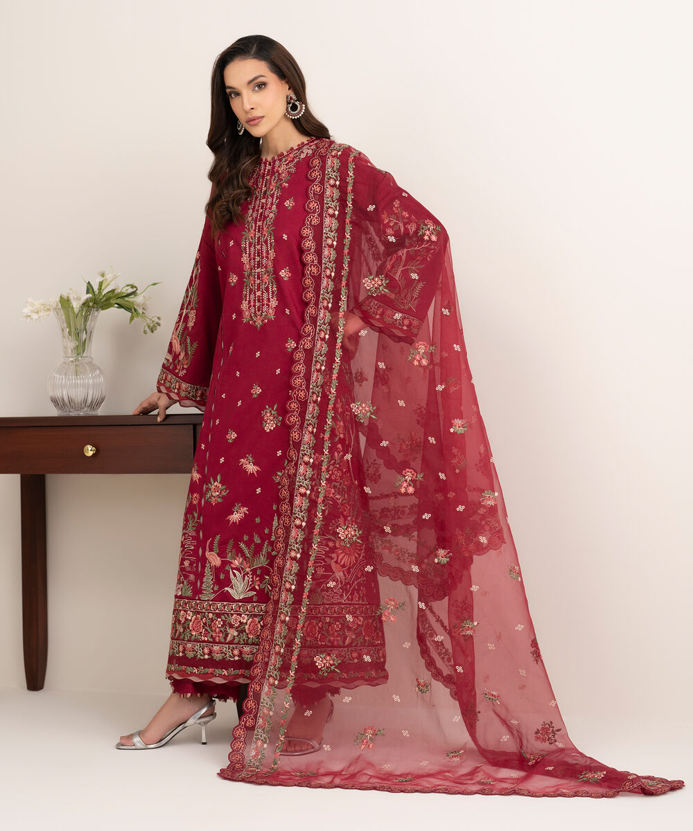 Women's Unstitched Fine Cotton Satin Embroidered Red  3 Piece Suit