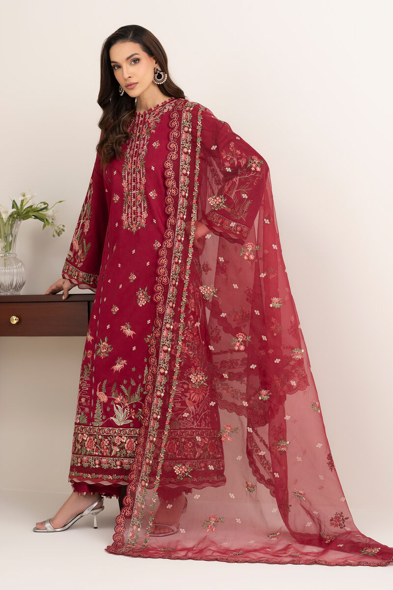 3 Piece - Embroidered Cotton Satin Suit