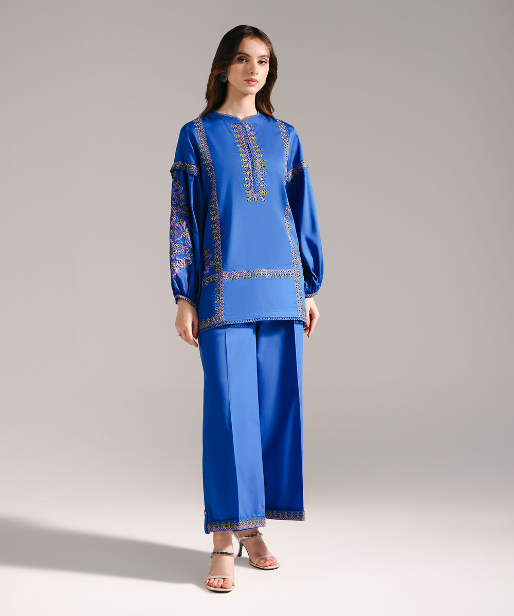 Women's RTW Cotton Satin Embroidered Straight Dark Blue Shirt